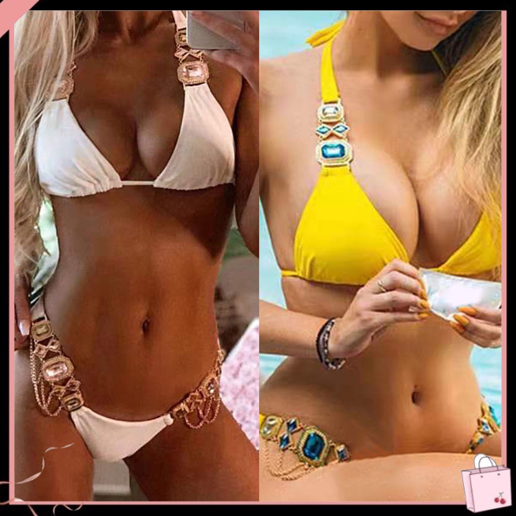 {Soltweter} Bộ Đồ Bơi Hai Mảnh Dây Xích Kim Loại Đính Đá Lưng Thấp Hình Tam Giác Quyến Rũ Cho Hoạt Động Dưới Nước