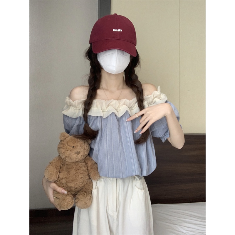 Áo Sơ Mi Trễ Vai Họa Tiết Kẻ Sọc Tương Phản Thời Trang Mùa Hè Mới Cho Nữ