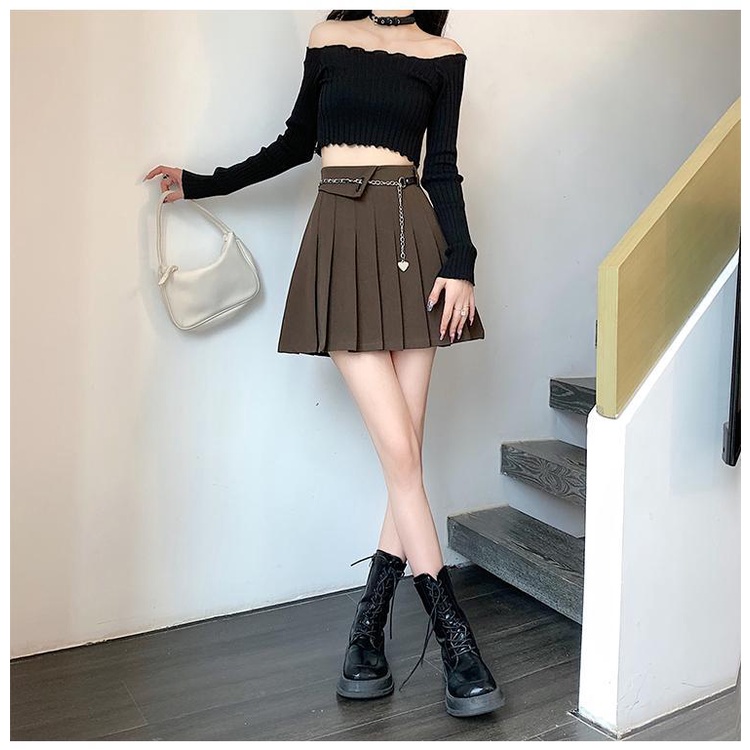 Chân Váy Chữ A Lưng Cao Xếp Ly Màu Đen Thời Trang Mùa Thu Cho Nữ