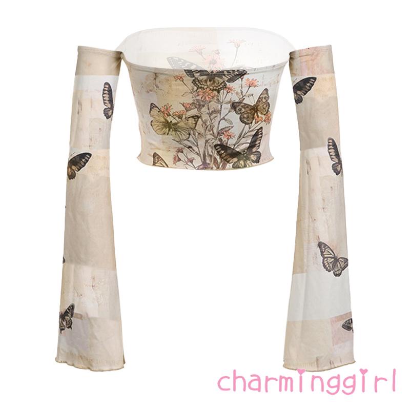 Áo Croptop Trễ Vai Tay Dài In Họa Tiết Hoa &amp; Bướm