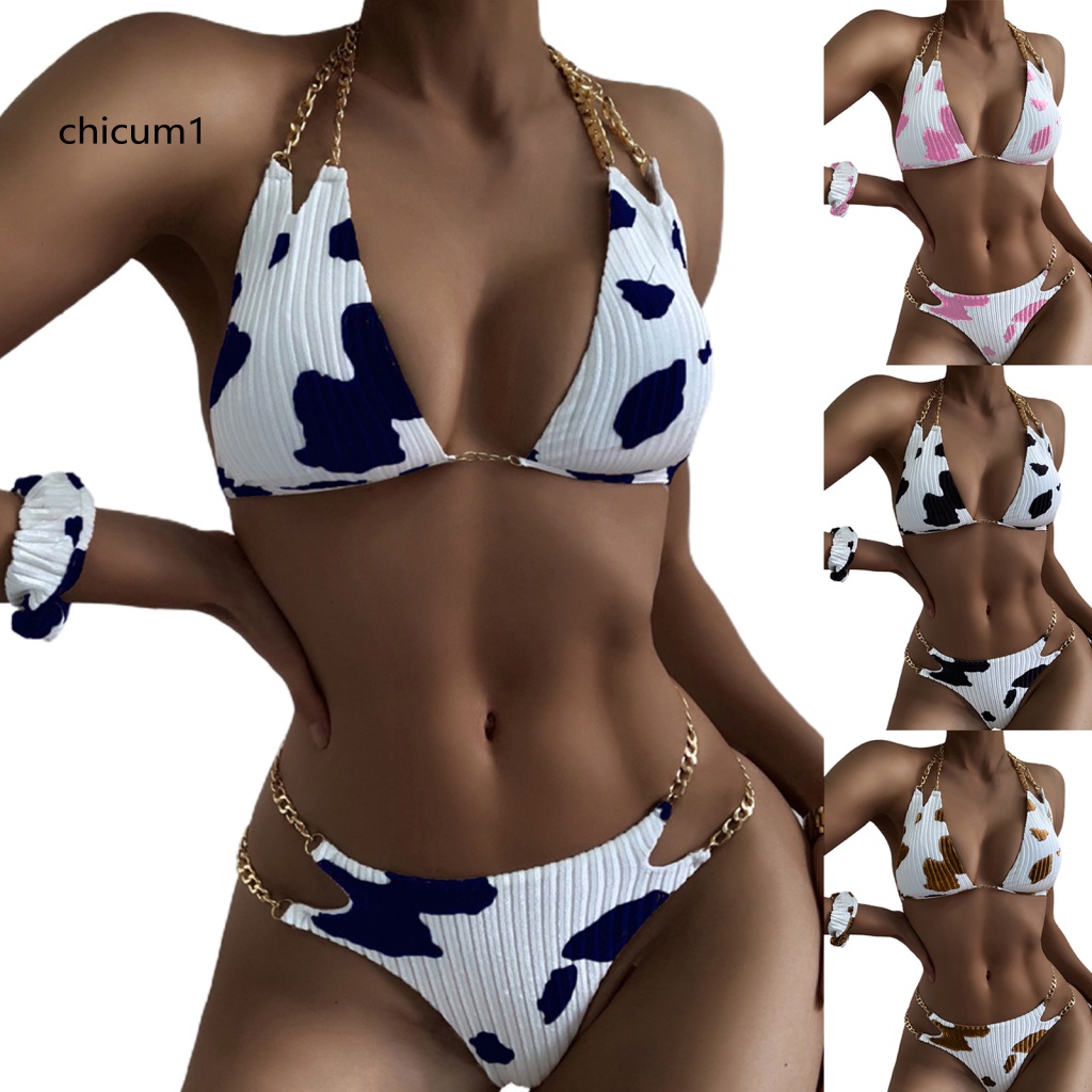 Set Bikini 3 Mảnh Họa Tiết Bò Sữa Thời Trang Quyến Rũ Cho Nữ