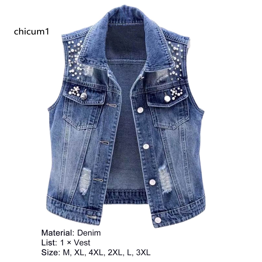 Áo Khoác Denim Không Tay Một Hàng Nút Màu Trơn Phối Lỗ Rách Đính Hạt Trang Trí Thời Trang Đường Phố Cho Nữ