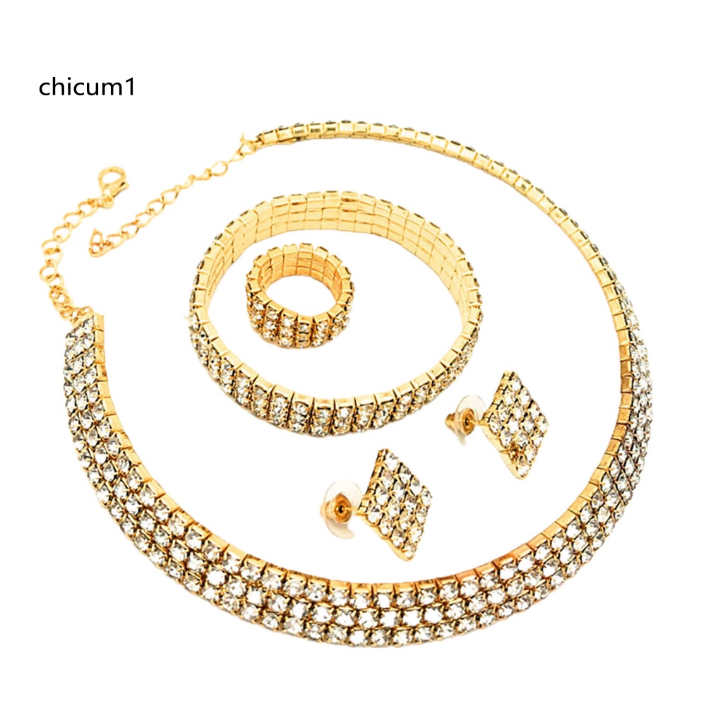 Set 1 Bộ Trang Sức Vòng Cổ / Nhẫn / Bông Tai Họa Tiết Hình Học Đính Đá Lấp Lánh Thời Trang Dự Tiệc Cướ