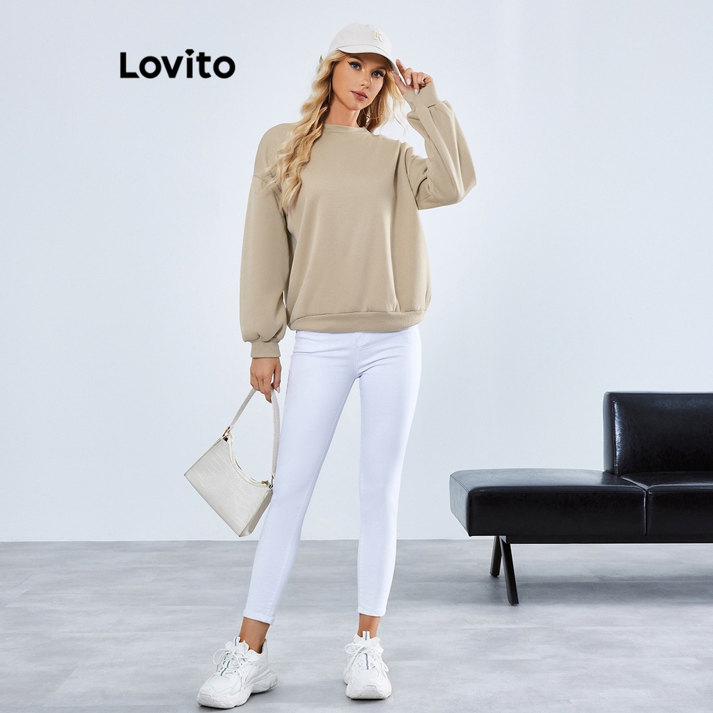 Lovito Áo khổ rộng cơ bản màu trơn đơn giản cho nữ LBE01111 (Kaki)