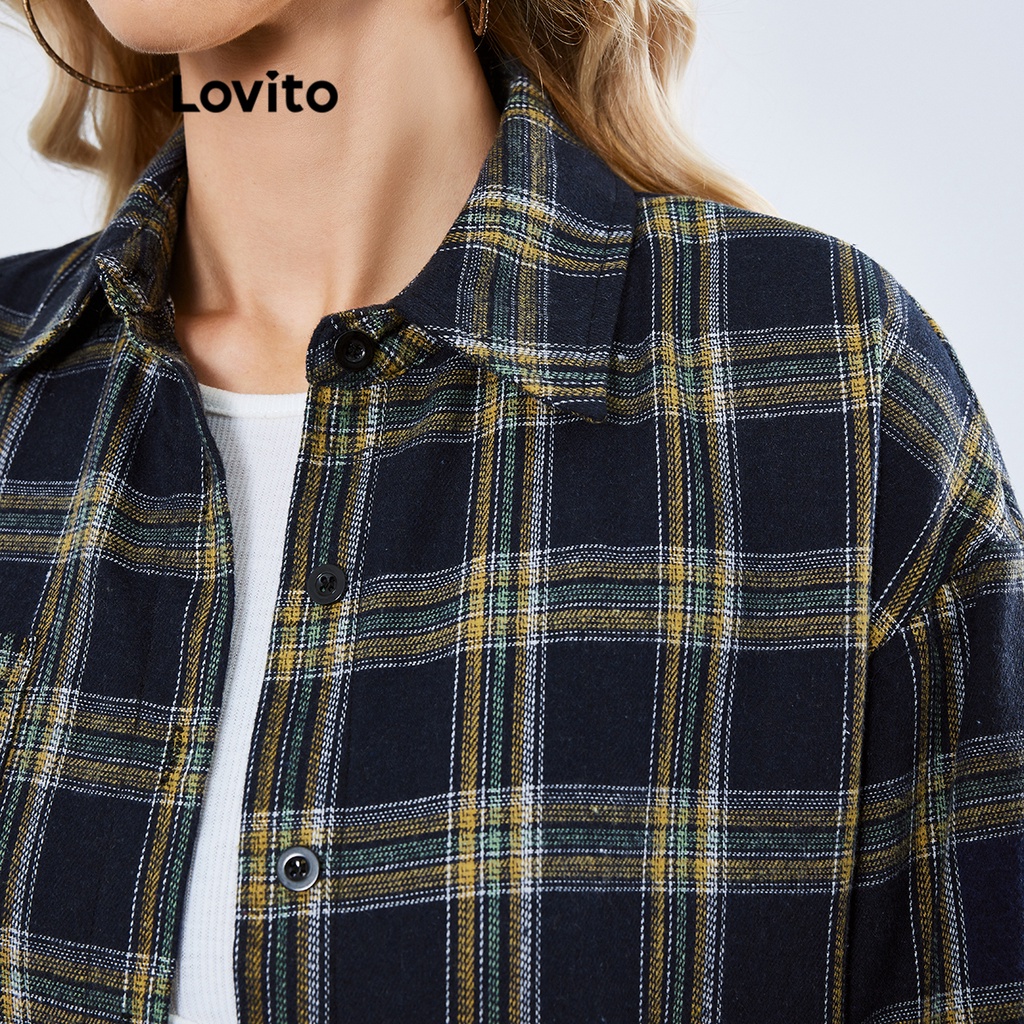 Lovito Áo sơ mi có túi kẻ sọc giản dị cho nữ LBE01074 (Màu xám đen)