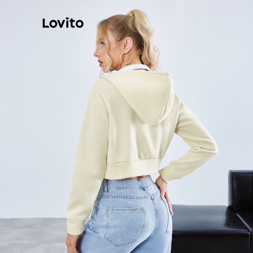 Lovito Áo hoodie có dây buộc trơn giản dị cho nữ LBE01021 (Kaki nhẹ)