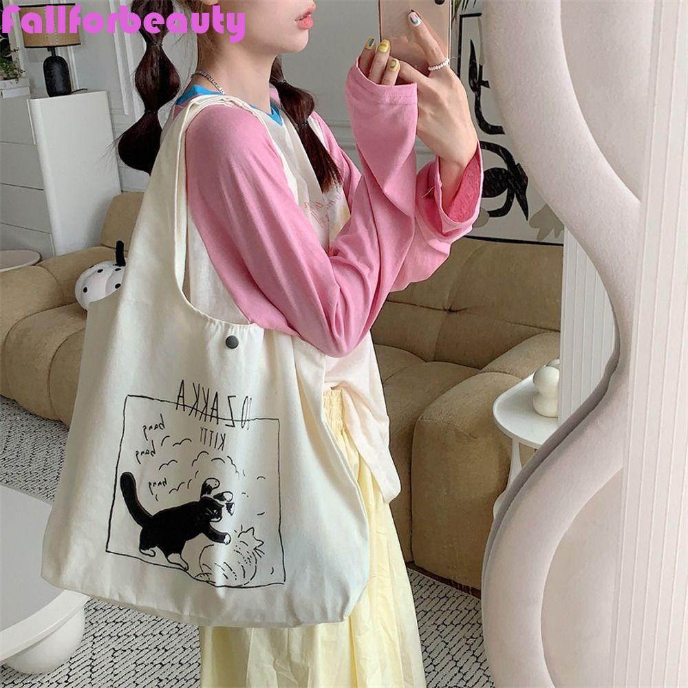 FALLFORBEAUTY Túi Tote Vải Canvas Cỡ Lớn In Chữ Và Mèo Dễ Thương