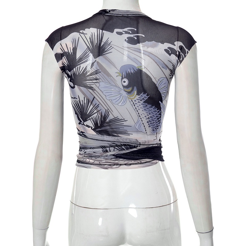 Áo Thun Lưới Không Tay Cổ Chữ V In Hoa Phong Cách Vintage Dành Cho Nữ