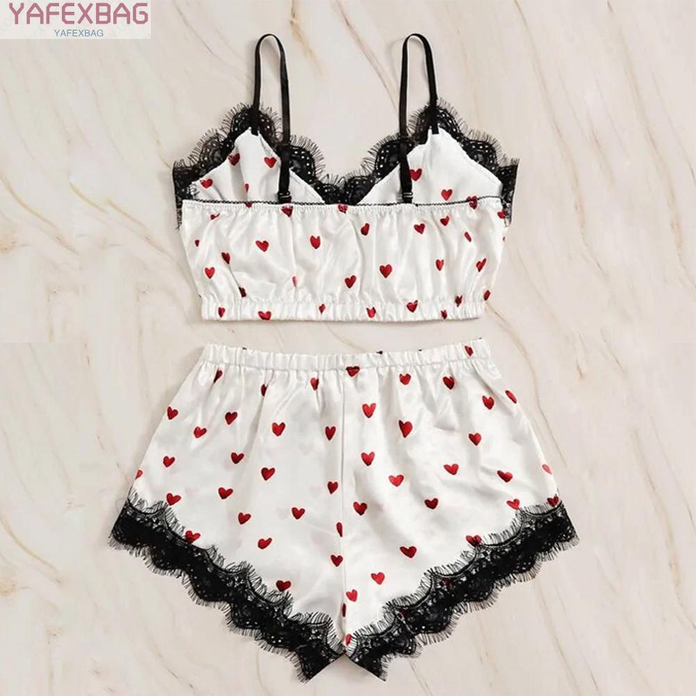 Female Pajamas Set Sexy Shorts Sleeveles Slightly Stretched Top V Neck