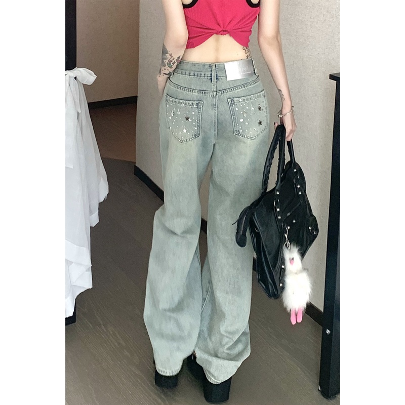 Quần Denim Lưng Cao Ống Suông Rộng Thời Trang Cá Tính