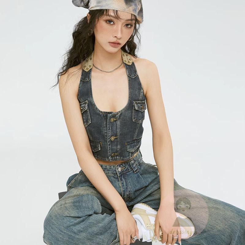 Áo Denim Sát Nách Hở Lưng Cài Nút Phong Cách Retro Thời Trang Mùa Hè Cho Nữ