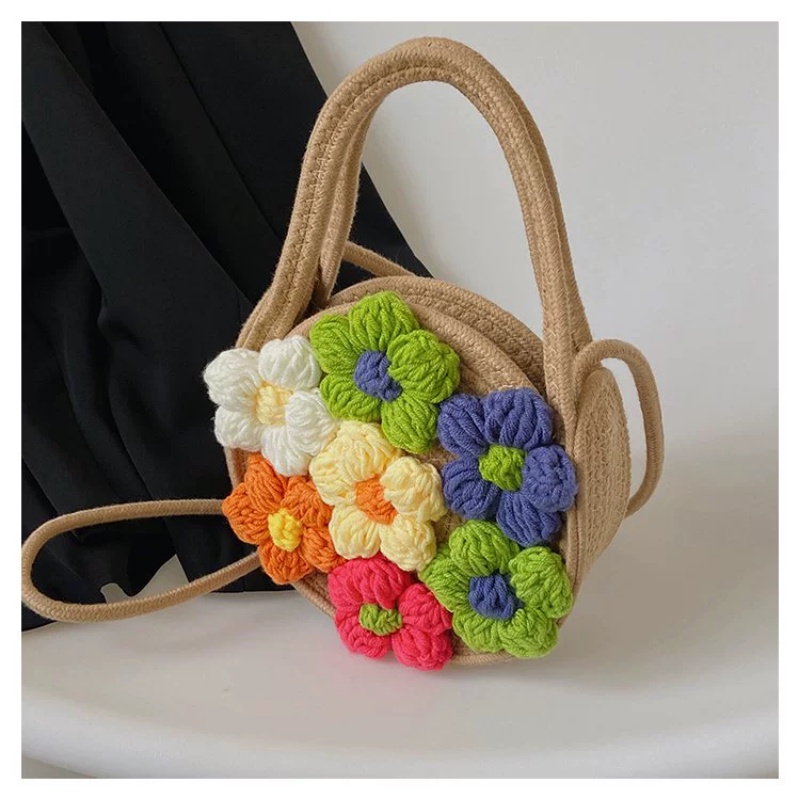 Túi Đeo Vai / Xách Tay Bằng Dây Cotton Bện Đính Hoa Tươi Mới Thời Trang Mùa Hè Dành Cho Bạn Nữ Mang Đi Biển