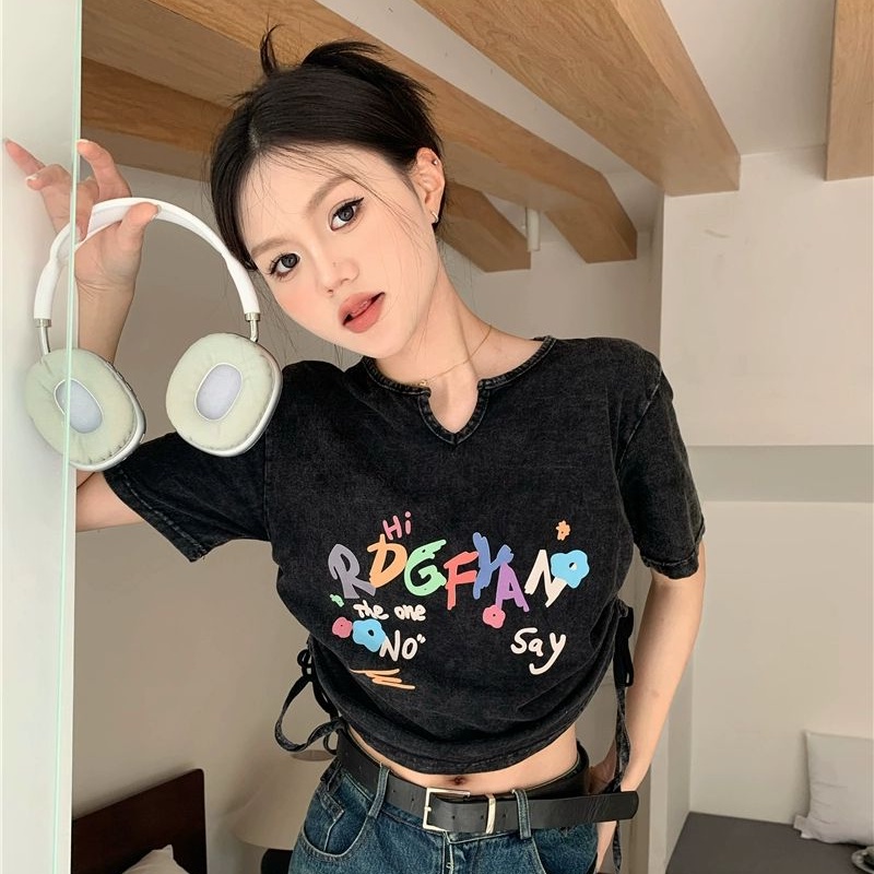 COZOK Áo Thun Ngắn Tay Dây Rút Thời Trang vintage