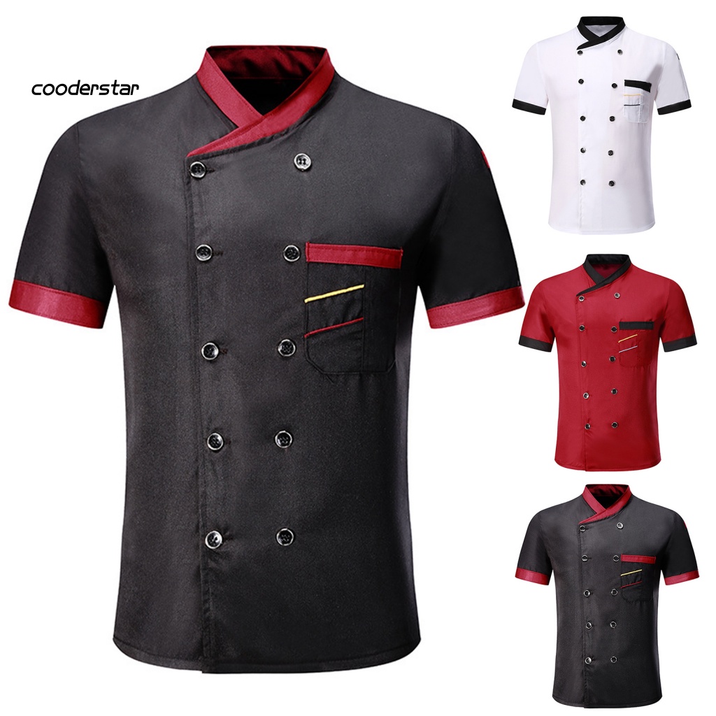 Áo Đầu Bếp Ngắn Tay Cổ Đứng Cài Hai Hàng Nút Có Túi Và Nút Cài Cho Unisex Nhà Hàng Khách Sạn