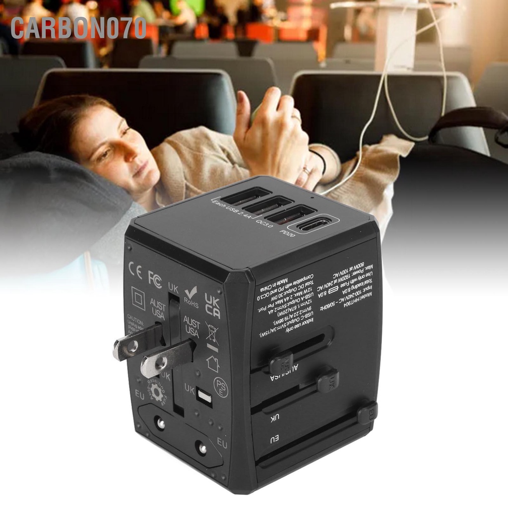 Carbon070 Bộ chuyển đổi du lịch đa năng sạc treo tường quốc tế có cổng USB C Cổng 8A cho Mỹ EU Anh 100‑240V Đen
