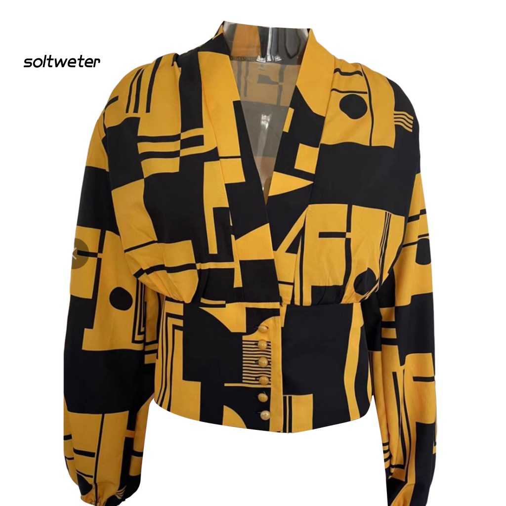 Áo Sơ Mi Croptop Tay Dài Phồng Cổ Chữ V Cài Nút In Họa Tiết Hoa Phong Cách Cổ Điển Thời Trang Cho Nữ