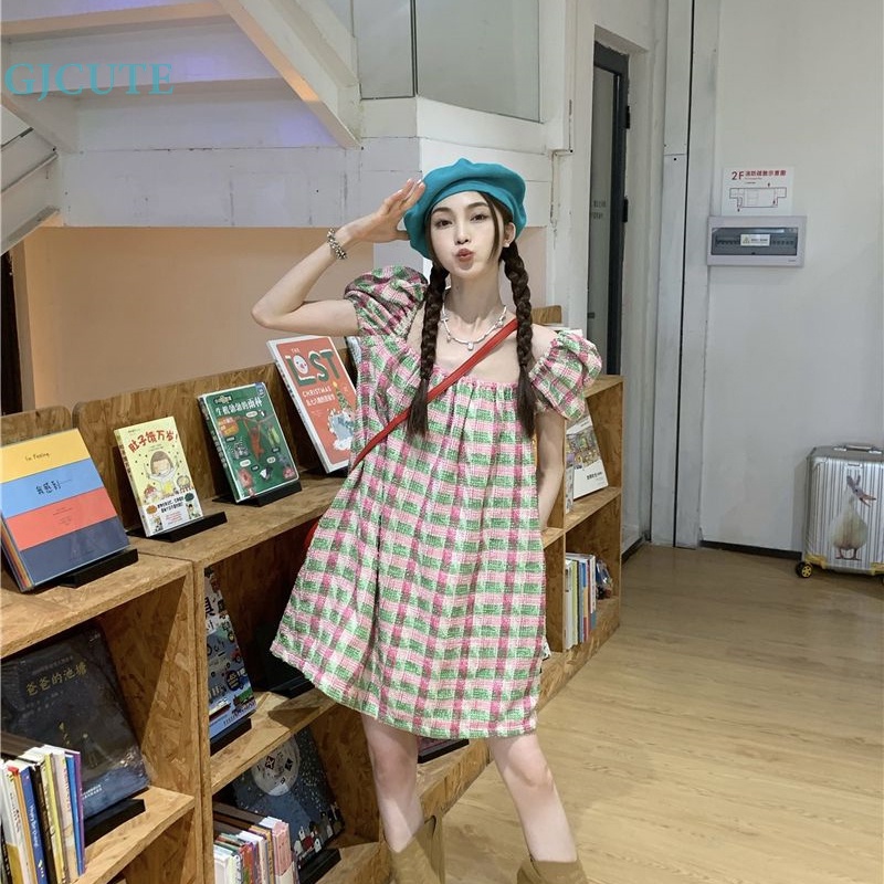 Đầm Mini Dáng Rộng Tay Phồng Họa Tiết Kẻ Sọc Phong Cách Boho Thời Trang Đi Biển Mùa Hè Cho Nữ WTD