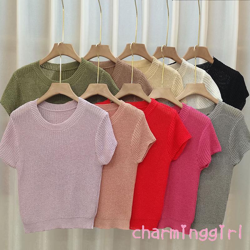 Áo Croptop Dệt Kim Tay Ngắn Màu Trơn Dễ Thương Thời Trang Mùa Hè Cho Nữ