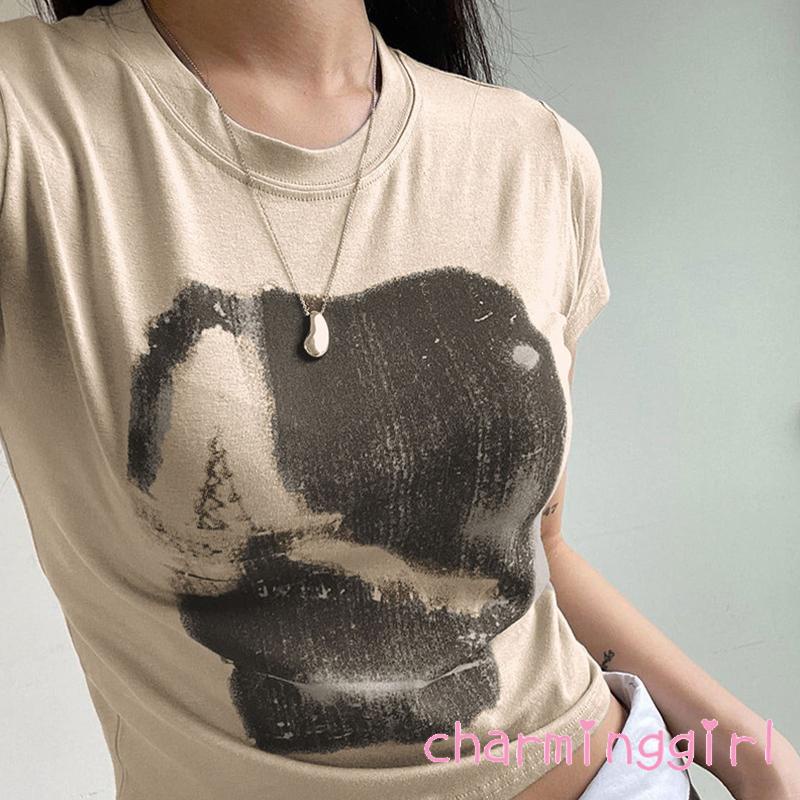 Áo Thun Crop Top Tay Ngắn Cổ Tròn In Họa Tiết Trừu Tượng Thời Trang Mùa Hè Dành Cho Nữ