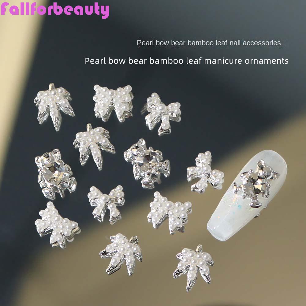 FALLFORBEAUTY Set 10 Phụ Kiện Trang Trí Móng Tay Nghệ Thuật Hình Nơ / Gấu / Lá Cây Màu Trắng / Bạc Dành Cho Salon