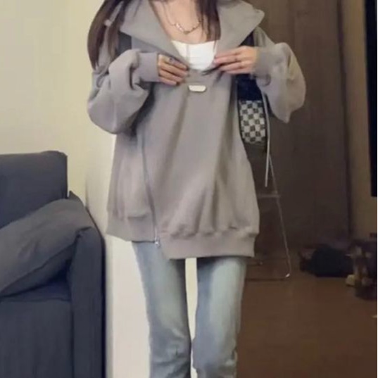 Áo Hoodie Nữ Tay Dài Dáng Rộng Có Dây Kéo Màu Sắc Đơn Giản