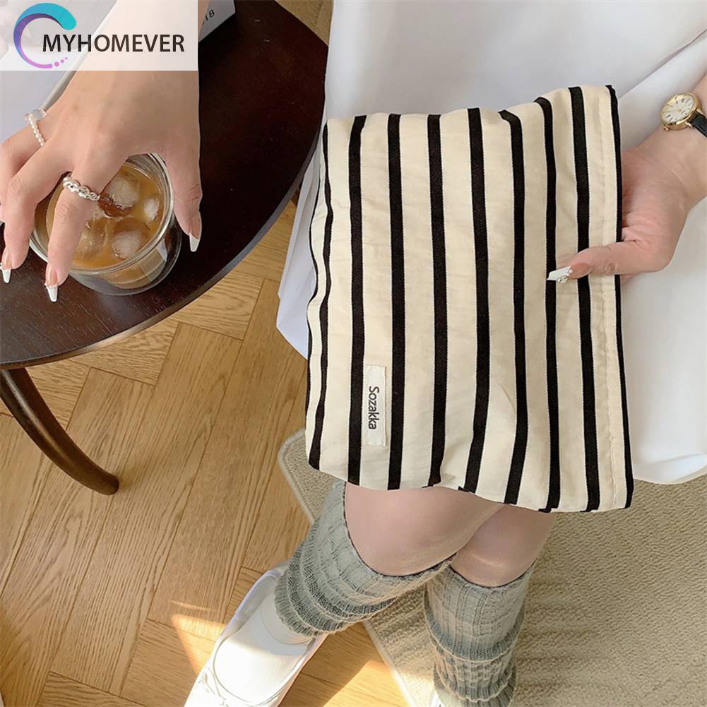 Túi Đựng Mỹ Phẩm Bằng Vải Canvas Họa Tiết Kẻ Sọc Sức Chứa Lớn Tiện Dụng Cho Nữ