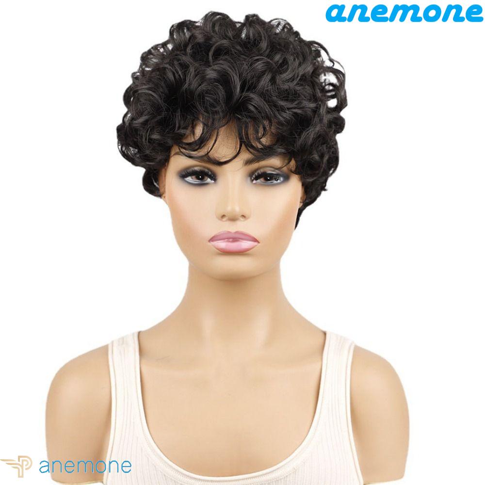 ANEMONE Bộ Tóc Giả Ngắn Xoăn Dày Màu Đen Chất Lượng Cao Dành Cho Nữ