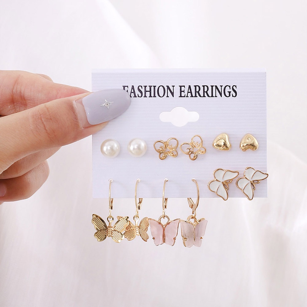 Set 6 Đôi Bông Tai Hình Bướm Đính Ngọc Trai Thời Trang Cho Nữ