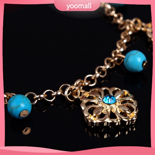 Lắc Chân Hai Lớp Đính Đá Ngọc Lam Hình Hoa Phong Cách Boho