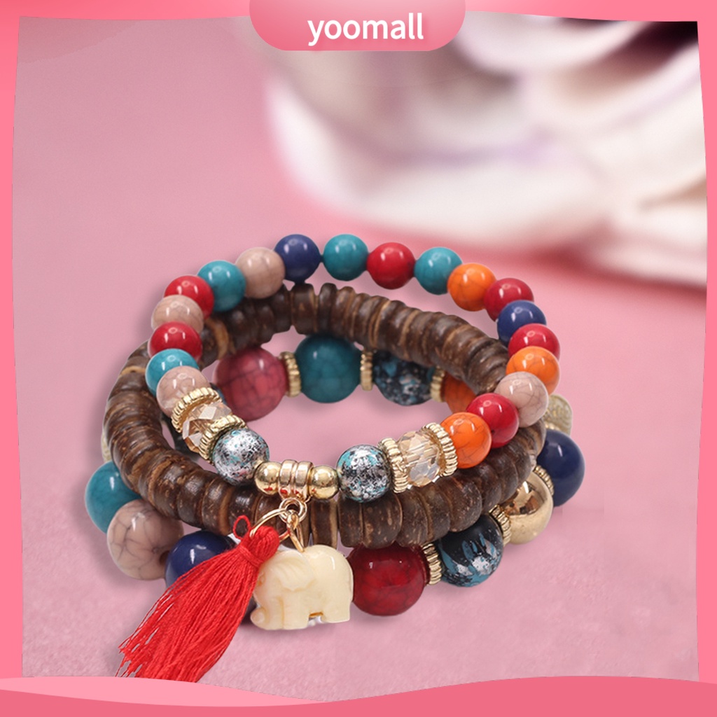 Bộ 3 Vòng Tay Chuỗi Hạt Gỗ Và Tua Rua Thời Trang
