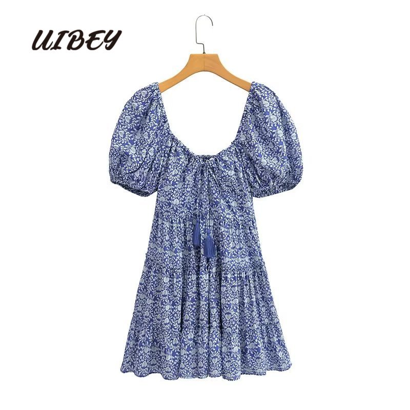 Uibey Đầm Tay Phồng Cổ Chữ V Eo Cao In Họa Tiết Thời Trang 1548