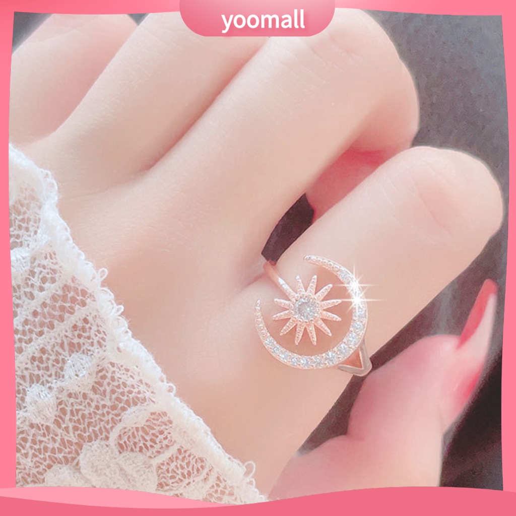 [YM] Nhẫn Mở Hình Học Đính Đá Mặt Trăng Ngôi Sao Thanh Lịch Làm Quà Tặng Trang Sức Cho Nữ