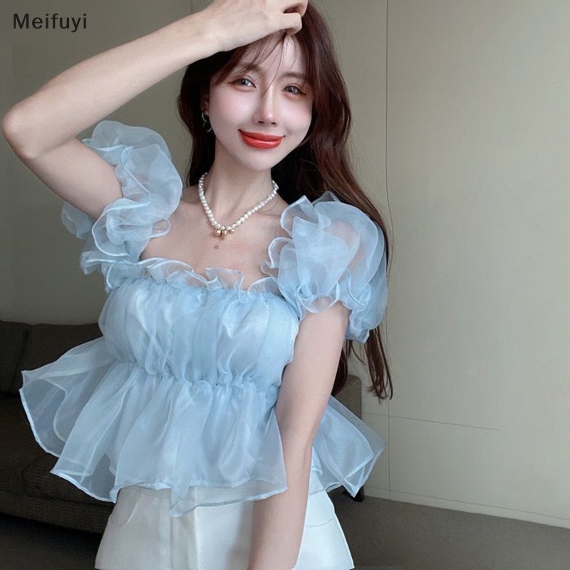 [Meifuyi] Summer Sexy Off Shoulder Short Sleeve Shirt Women Solid Color Puffed Sleeve Chic Blouse COD