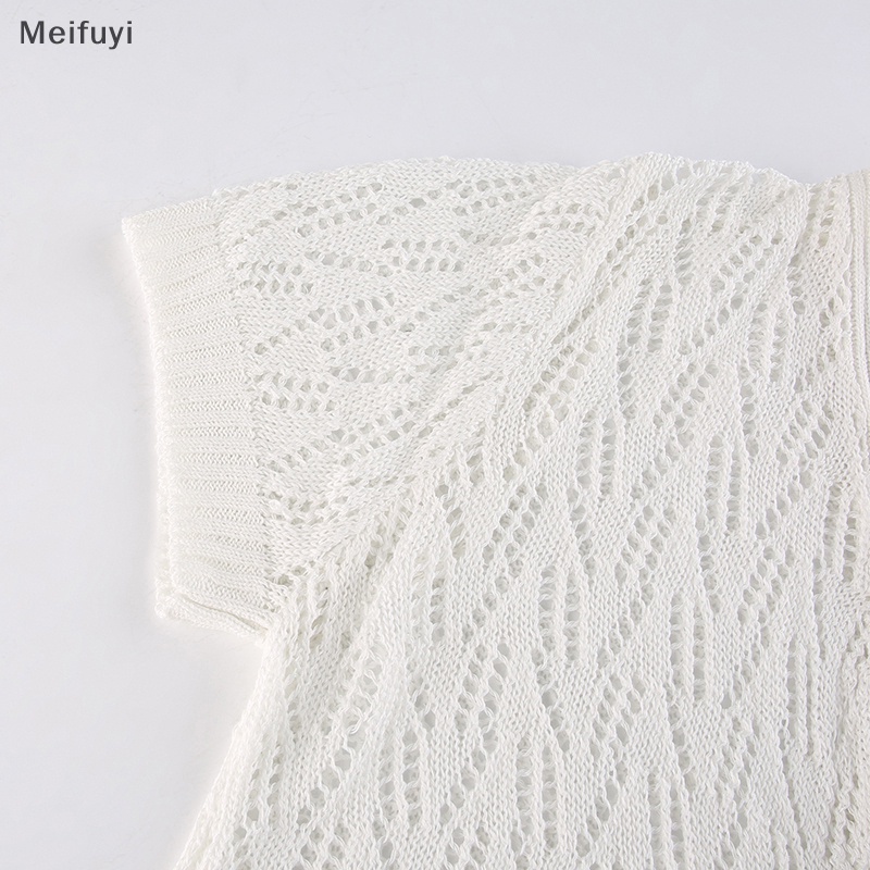 [Meifuyi] Summer Hollow Out Knitted Cardigan Women Fashion Solid Color Short Sleeve Thin Shirt COD