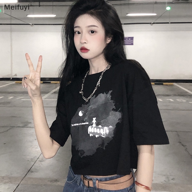 [Meifuyi] Summer Fashion Printed Short Sleeve T-shirt Women Round Neck Casual Loose Crop Top COD
