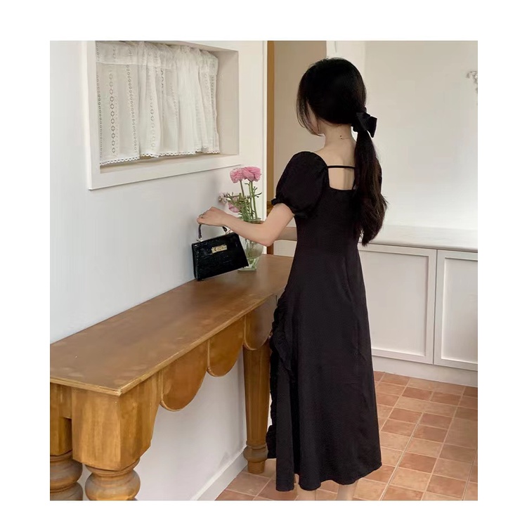 Đầm midi Cổ Vuông Tay Phồng Hở Lưng Màu Đen Trơn Kiểu Hàn Quốc Thời Trang Cho Thanh Thiếu Niên
