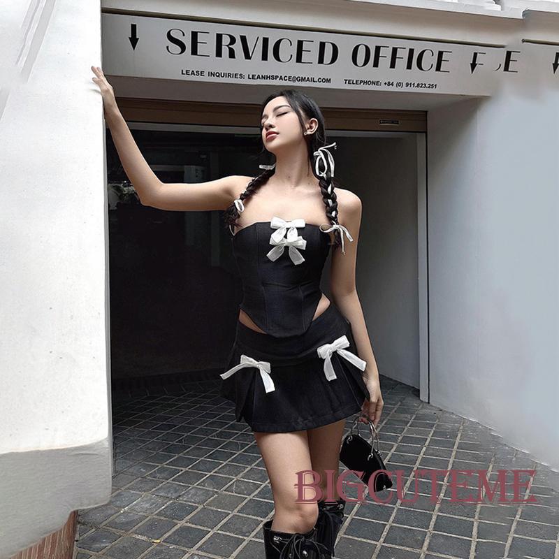 Bộ Áo Ống + Chân Váy Chữ A Hở Lưng Đính Nơ Thời Trang Nữ Tính