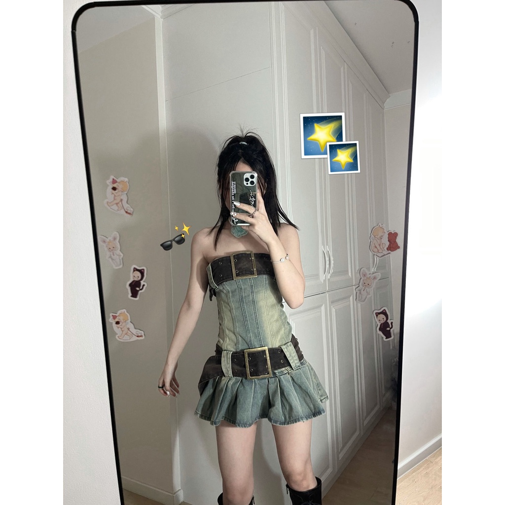 Đầm Denim Ngắn Xếp Ly Ôm Eo Phong Cách Thời Trang Mới 2023 Phong Cách Mỹ Cho Nữ