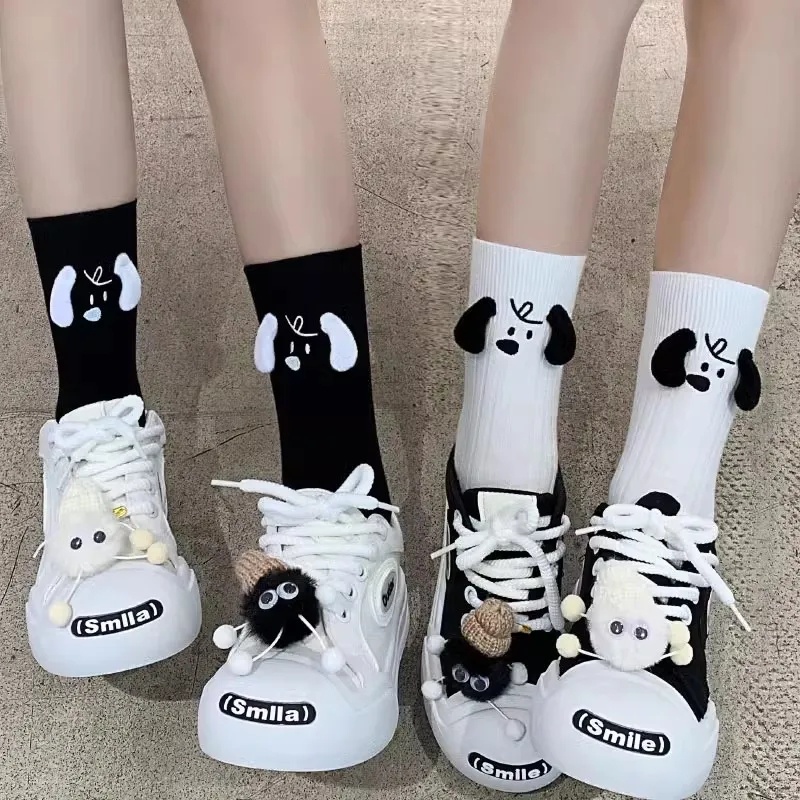 1 Cặp Vớ Cotton Cổ Cao Thoáng Khí Thoải Mái Thêu Họa Tiết Chú Chó Hoạt Hình 3D Dễ Thương Phong Cách Hàn Quốc