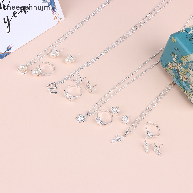 Bộ Trang Sức Vòng cổ / Nhẫn / Bông Tai Mạ Bạc Hình Hoa Bướm Đính Ngọc Trai Nhân Tạo Thời Trang Cho Nữ