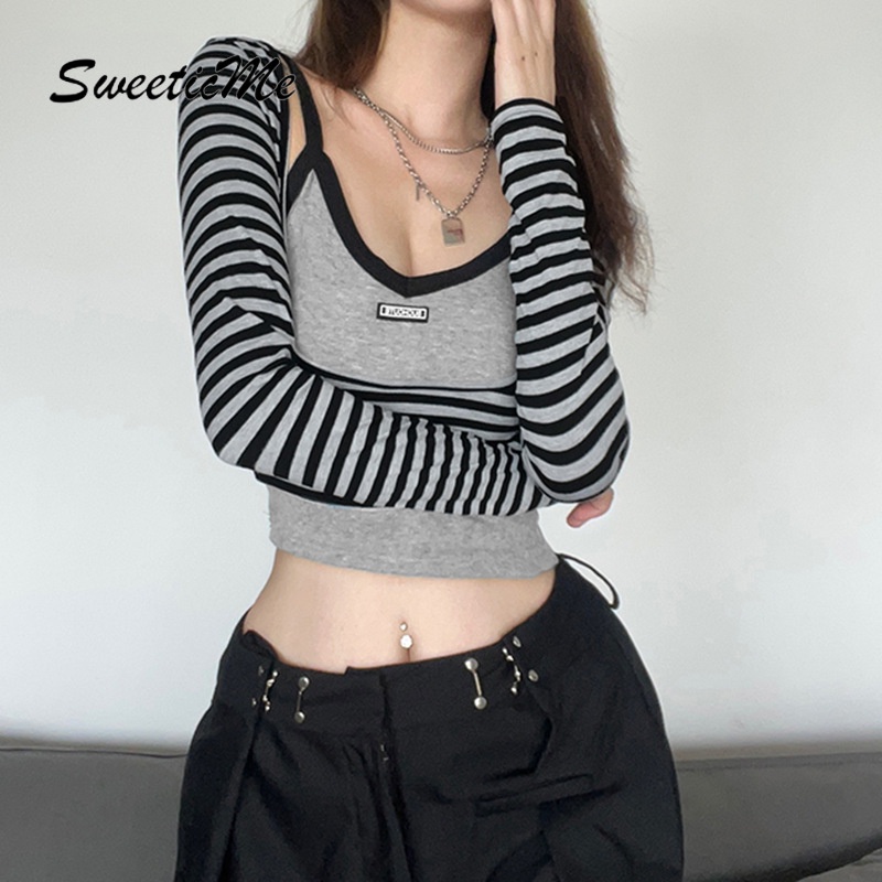 Áo Thun Dài Tay Cổ Chữ V Họa Tiết Kẻ Sọc Thời Trang 2023 Cho Nữ