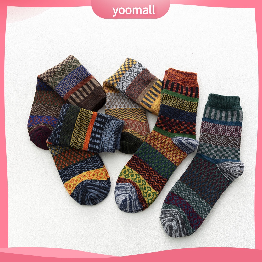 Vớ Ống Trung Kẻ Sọc Dày Co Giãn Giữ Ấm Mùa Thu Đông Màu Sắc Dân Tộc Cho Nam [YM]