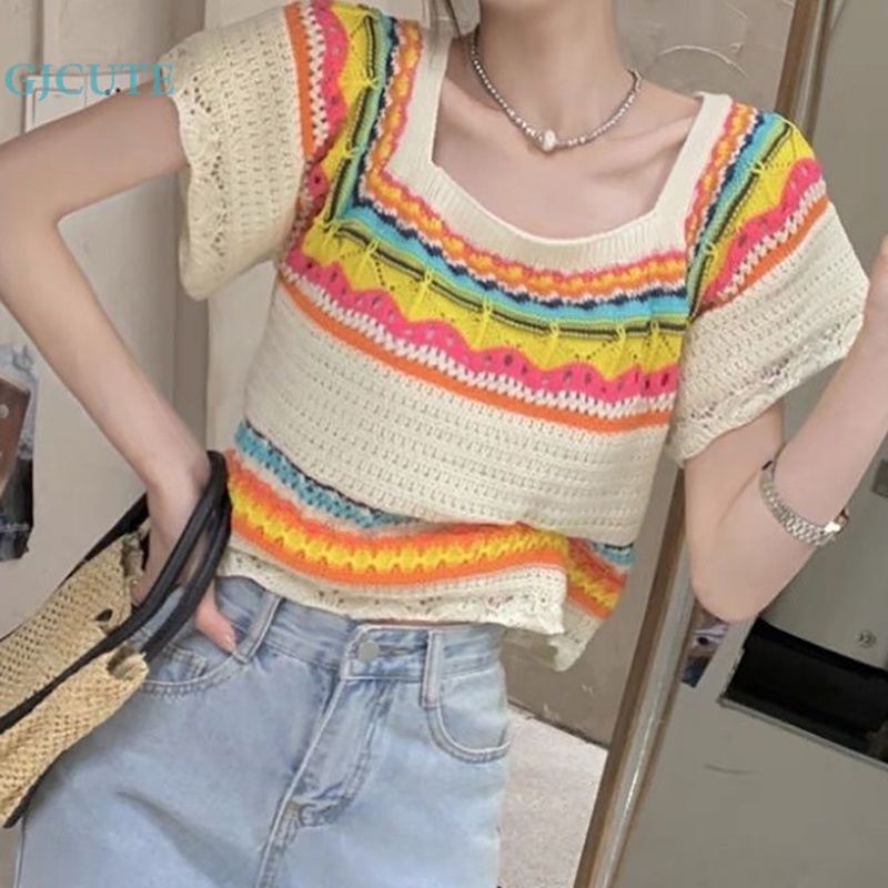 Áo Thun Croptop Dệt Kim Tay Ngắn Cổ Vuông Họa Tiết Kẻ Sọc Khoét Lỗ Thời Trang Mùa Hè Cho Nữ