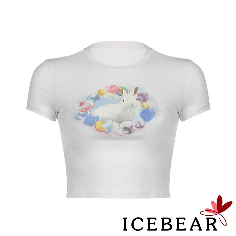 Áo Thun Crop Top Tay Ngắn Cổ Tròn In Hình Thỏ Dễ Thương Cho Nữ