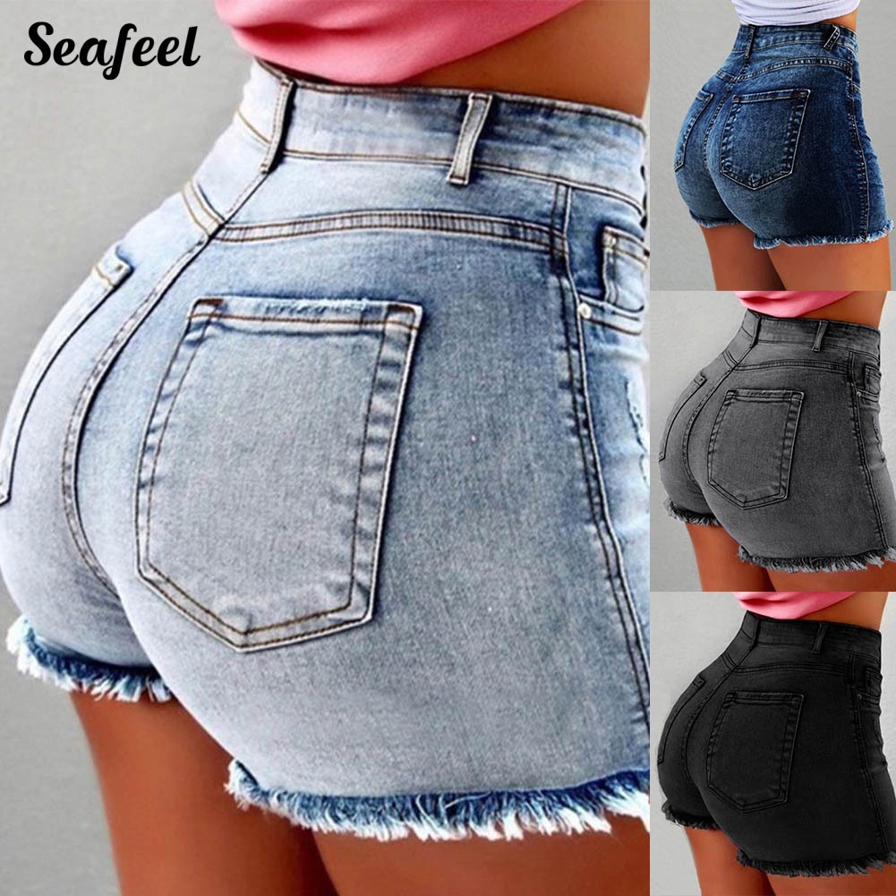 Quần Short Denim Lưng Cao Phối Vết Rách Cá Tính Cho Nữ