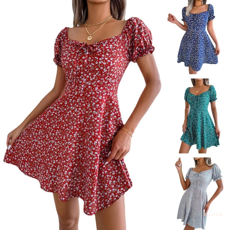 Đầm Chiffon Mini Tay Phồng In Họa Tiết Hoa Thời Trang Mùa Hè Cho Nữ