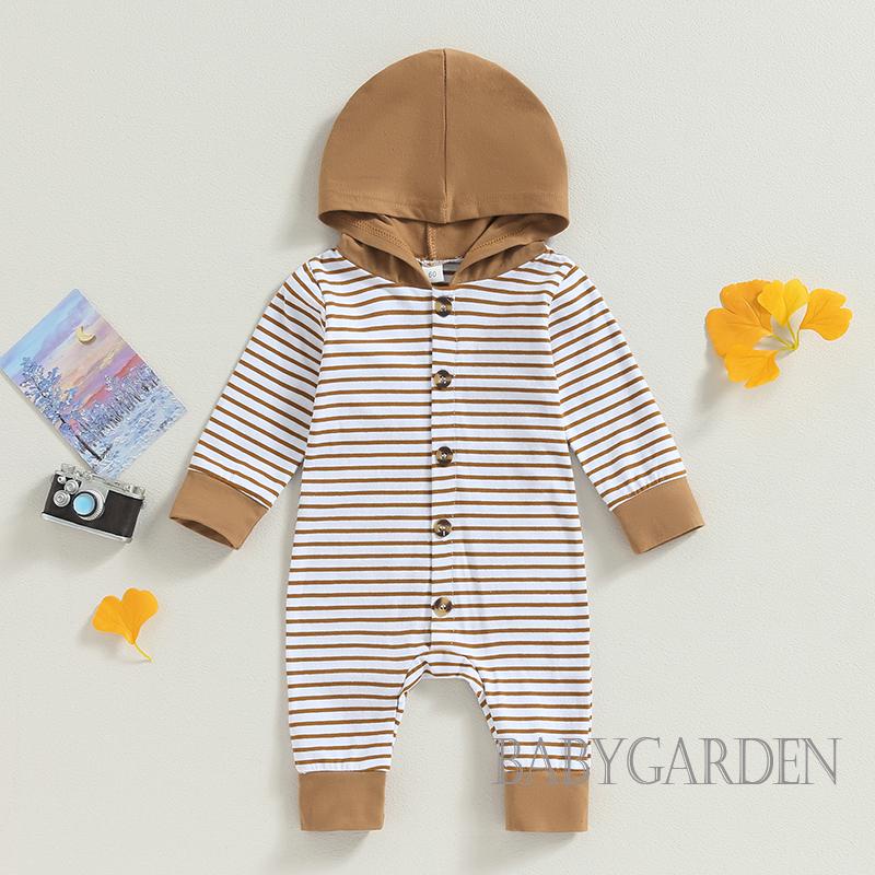 Áo Liền Quần Tay Dài Có Nón Họa Tiết Sọc Dành Cho Bé Trai 0-18 Tháng Tuổi