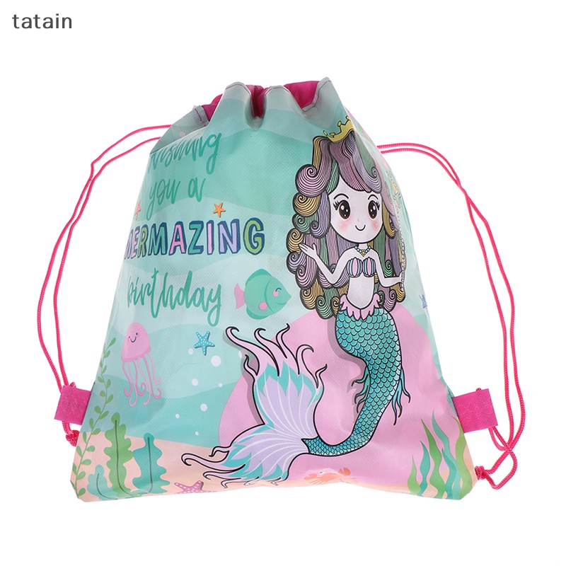 Ba Lô Rút Dây Chất Liệu Vải Không Dệt Họa Tiết Nàng Tiên Cá Cho Bé