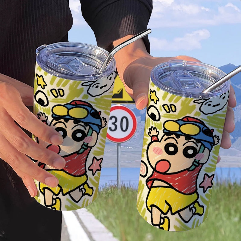 Bình Nước Giữ Nhiệt Bằng Inox Có Ống Hút Họa Tiết Cậu Bé Bút Chì Shin-Chan