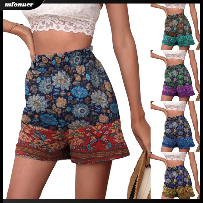 Quần Lửng Đi Biển Lưng Thun Họa Tiết Hoa Phong Cách Bohemian